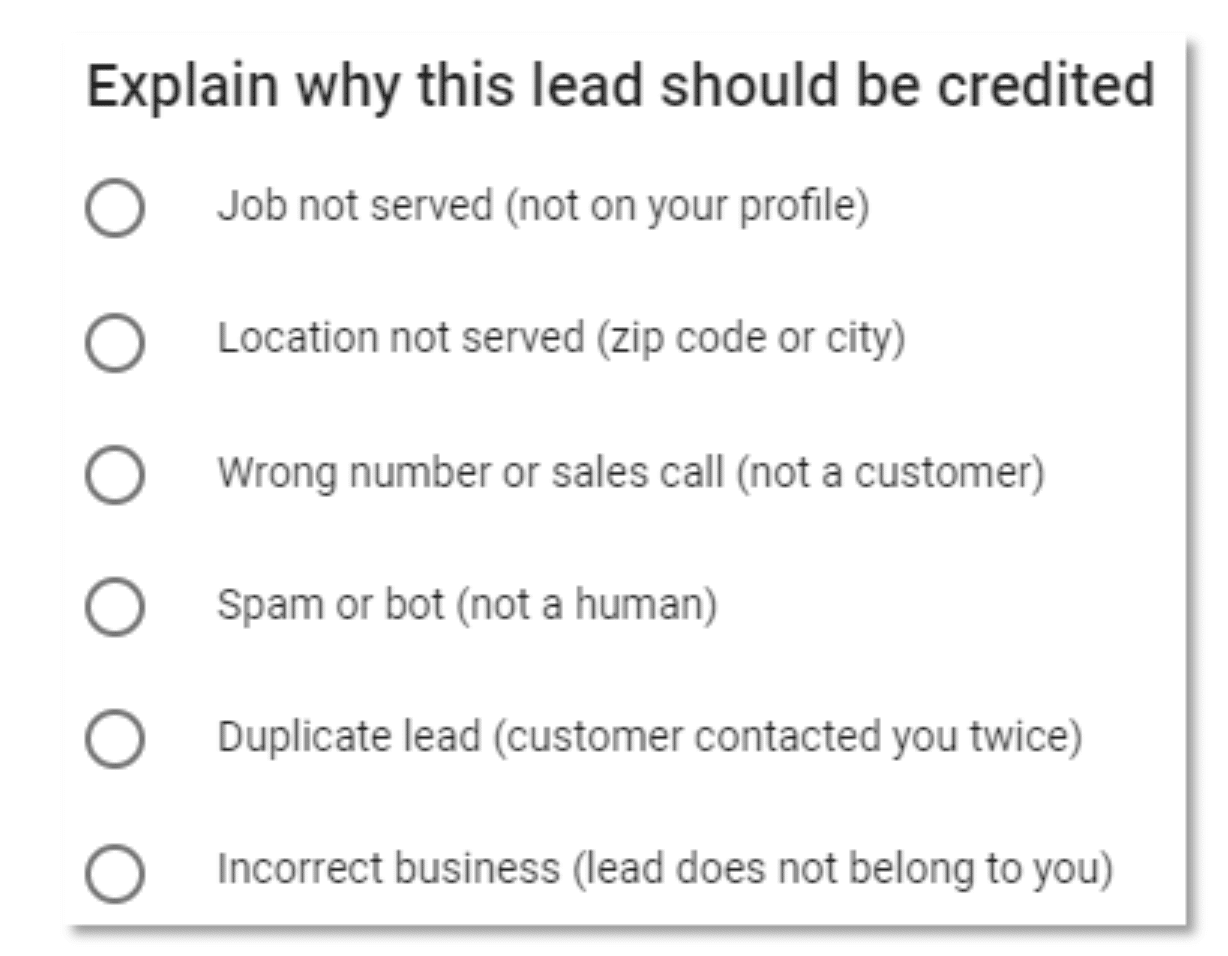 Google's list of options for requesting a credit under the manual dispute system